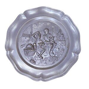 Vintage 70s German Zinnengel Pewter Plate with Embossed Village Scene Wall Decor